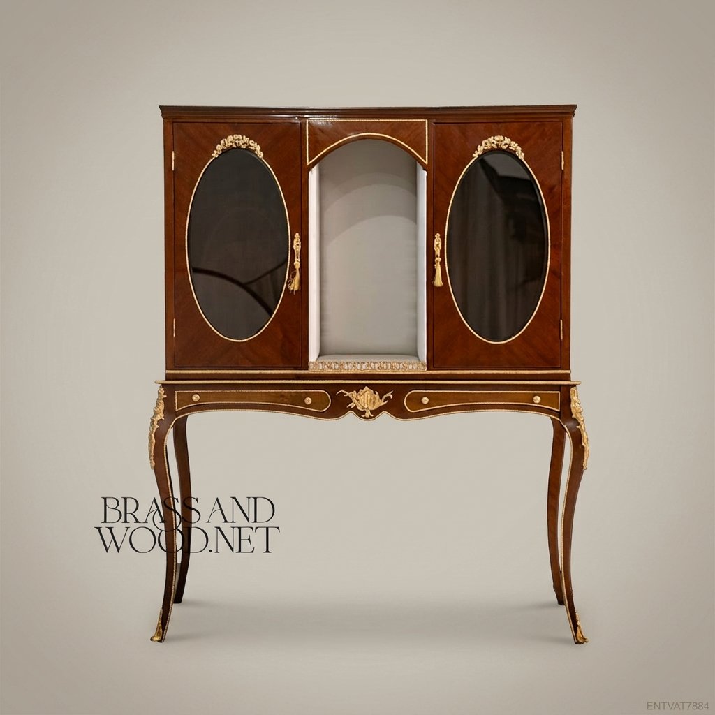 Louis XV Mahogany & Brass Display Vitrine with Oval Glass Panels