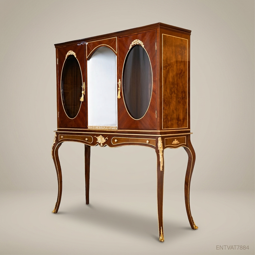 Louis XV Mahogany & Brass Display Vitrine with Oval Glass Panels