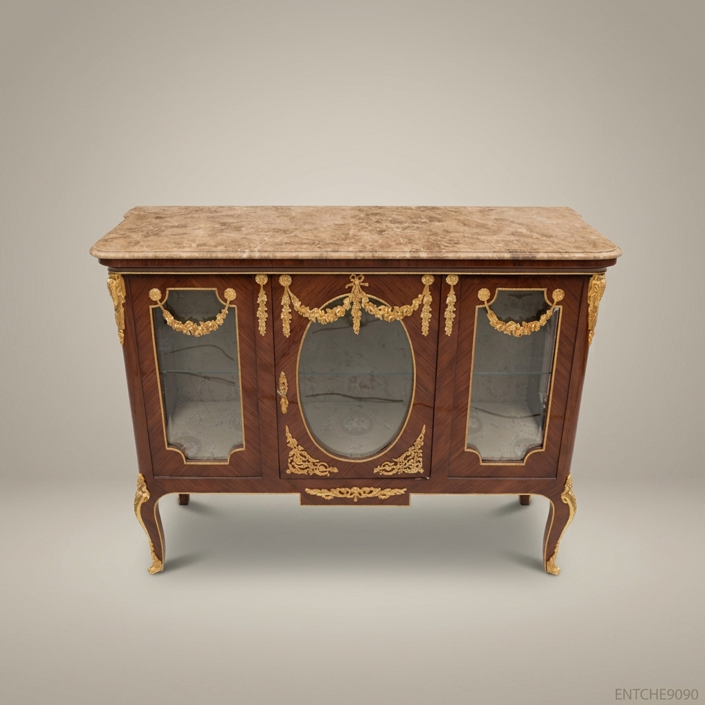 Louis XV Marquetry Vitrine Buffet with Gilt Bronze Mounts & Rose Marble Top