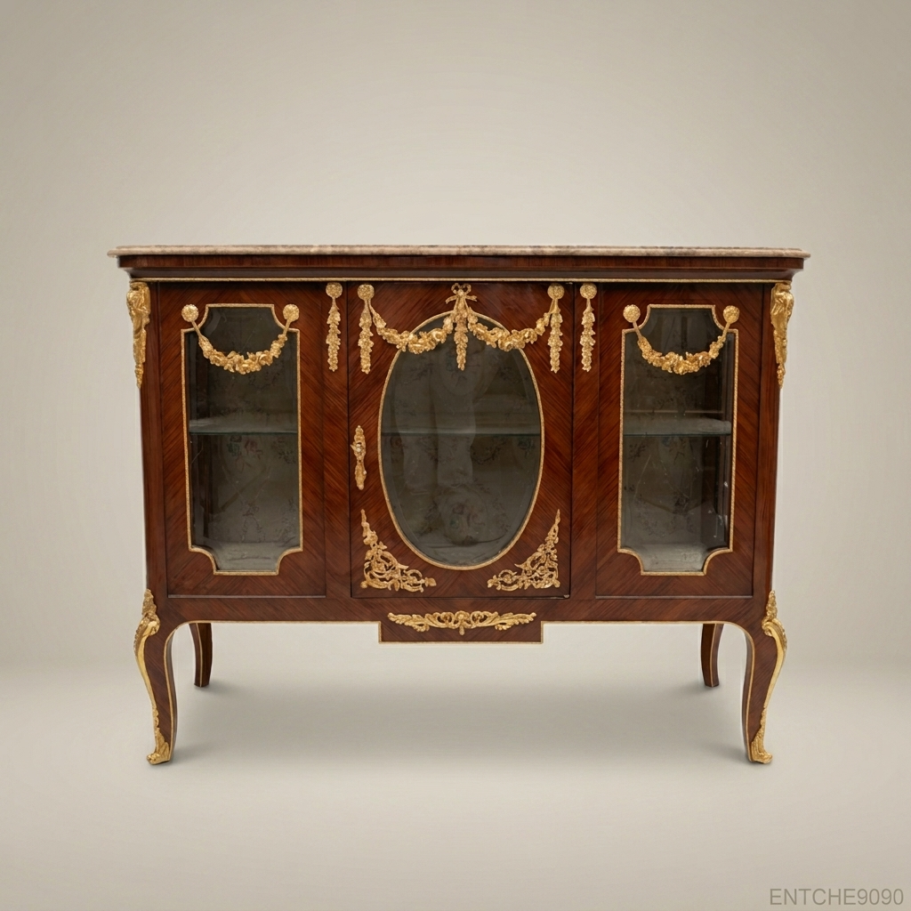 Louis XV Marquetry Vitrine Buffet with Gilt Bronze Mounts & Rose Marble Top