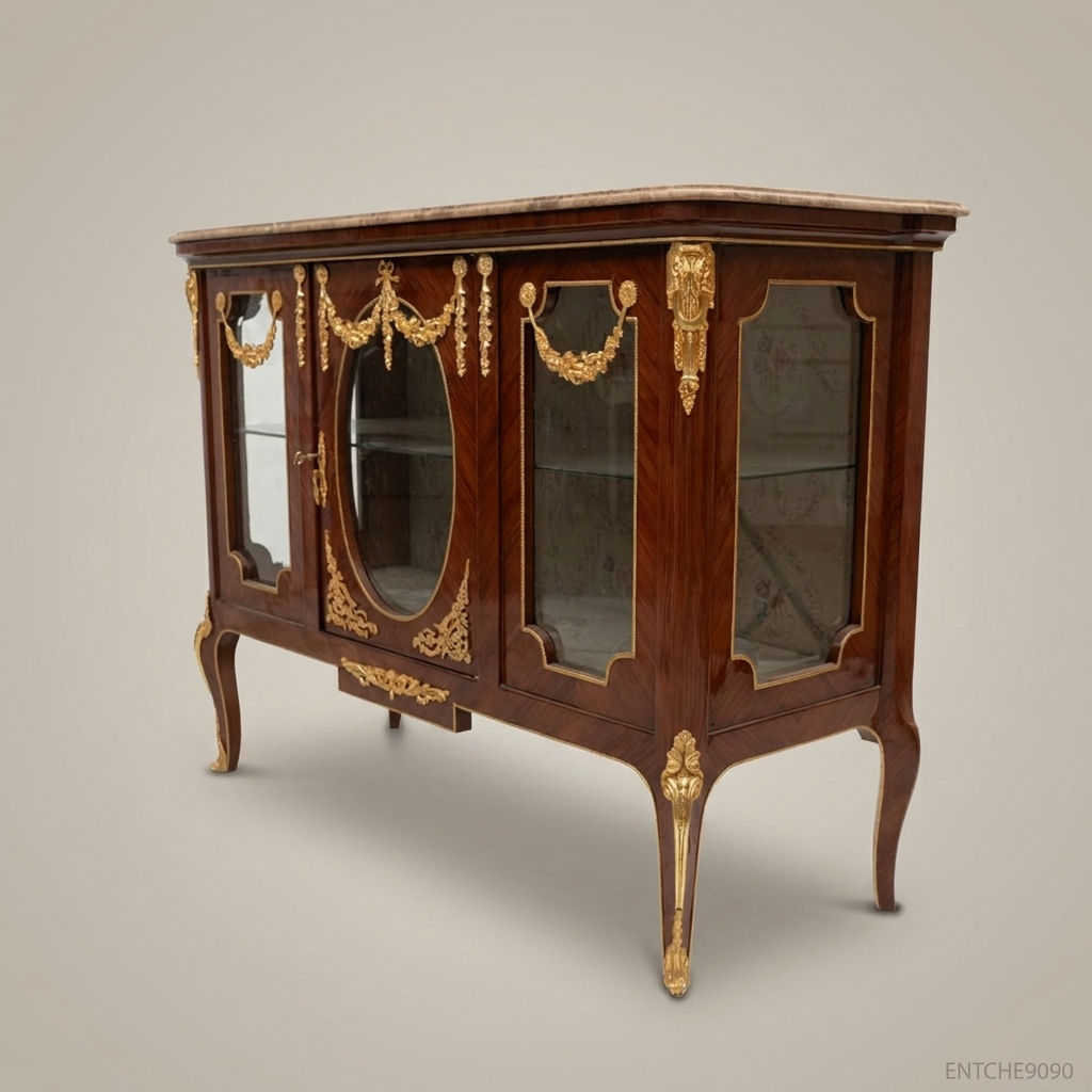 Louis XV Marquetry Vitrine Buffet with Gilt Bronze Mounts & Rose Marble Top
