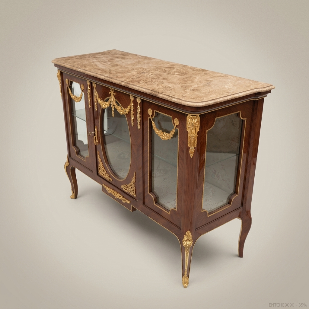 Louis XV Marquetry Vitrine Buffet with Gilt Bronze Mounts & Rose Marble Top