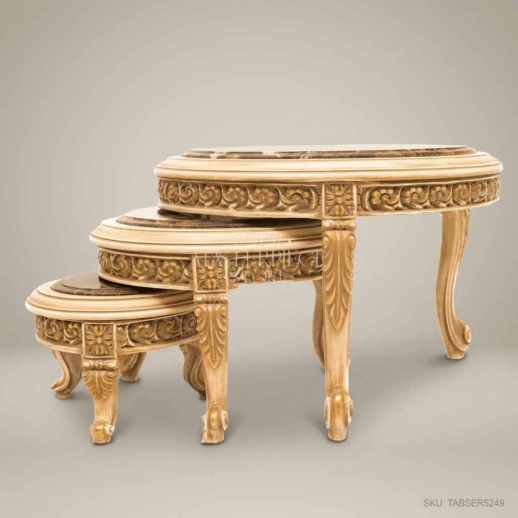 Louis XV Nesting Coffee Tables – Ivory Lacquer & Emperador Marble