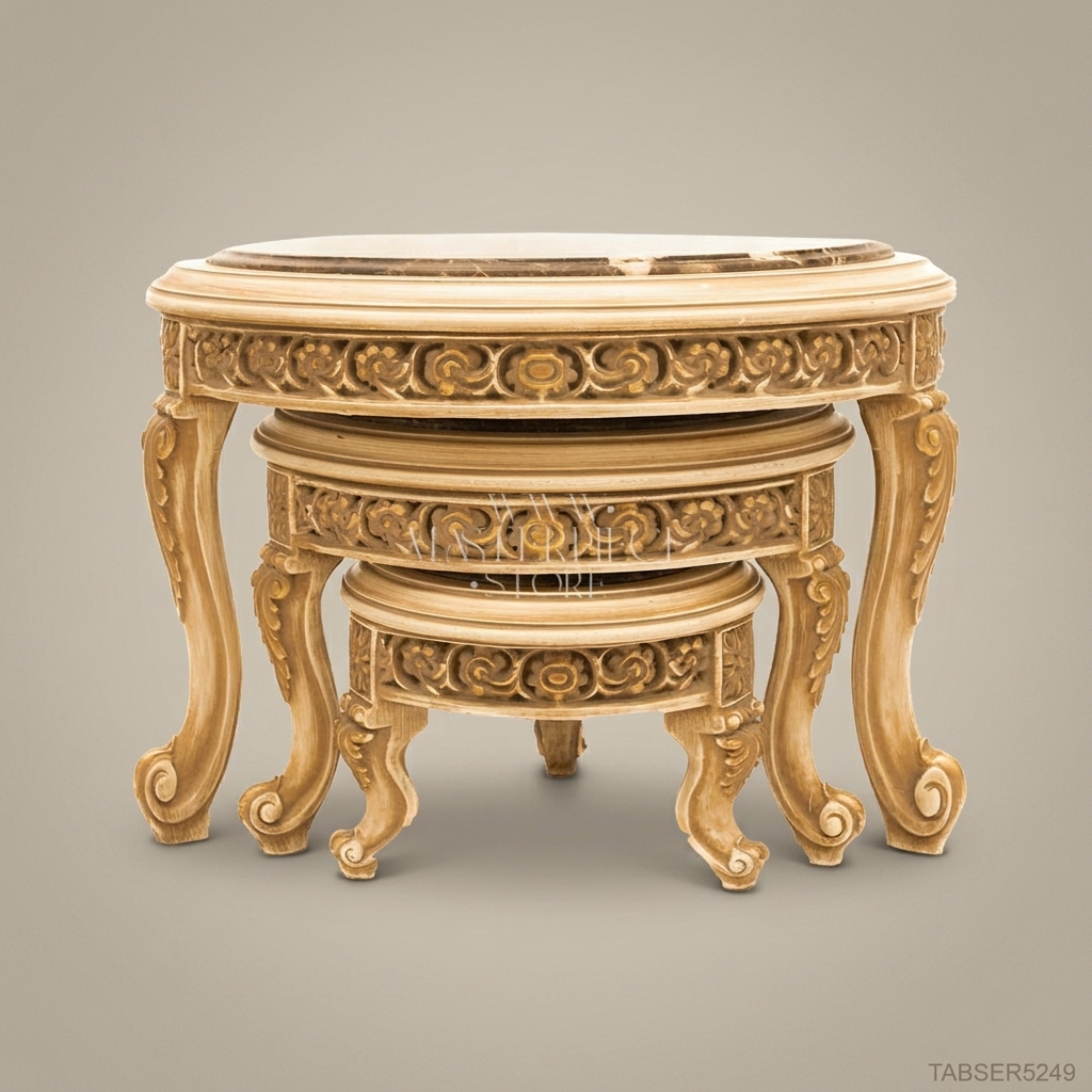 Louis XV Nesting Coffee Tables – Ivory Lacquer & Emperador Marble