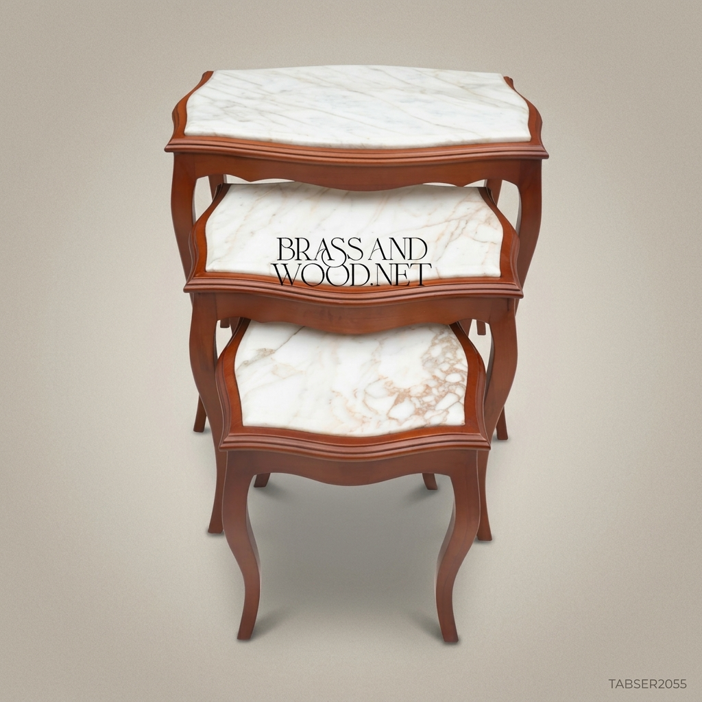 Louis XV Nesting Service Tables – Marble Top & Walnut Wood