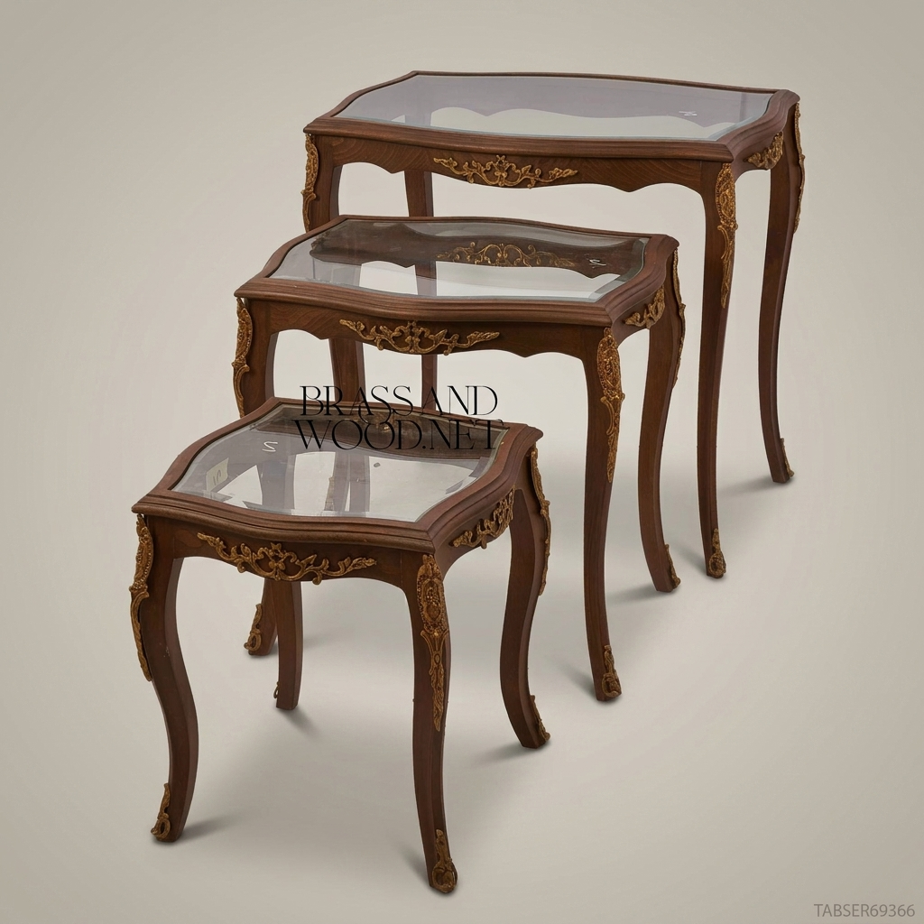 Louis XV Nesting Side Tables | Carved Wood & Brass Ormolu | Set of 3