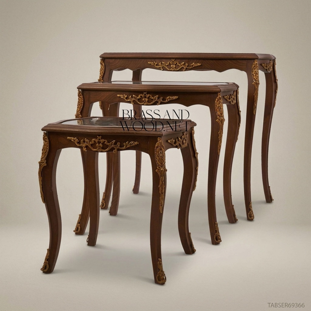 Louis XV Nesting Side Tables | Carved Wood & Brass Ormolu | Set of 3
