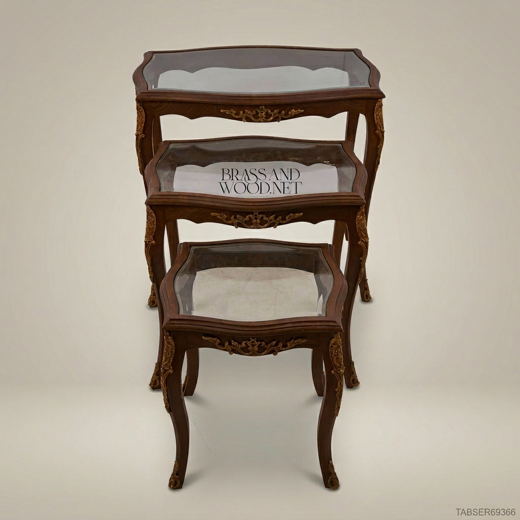 Louis XV Nesting Side Tables | Carved Wood & Brass Ormolu | Set of 3