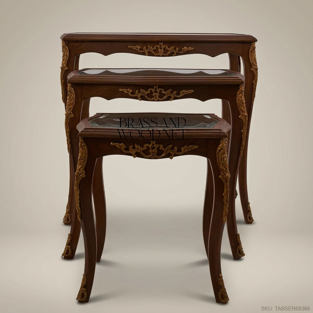 Louis XV Nesting Side Tables | Carved Wood & Brass Ormolu | Set of 3