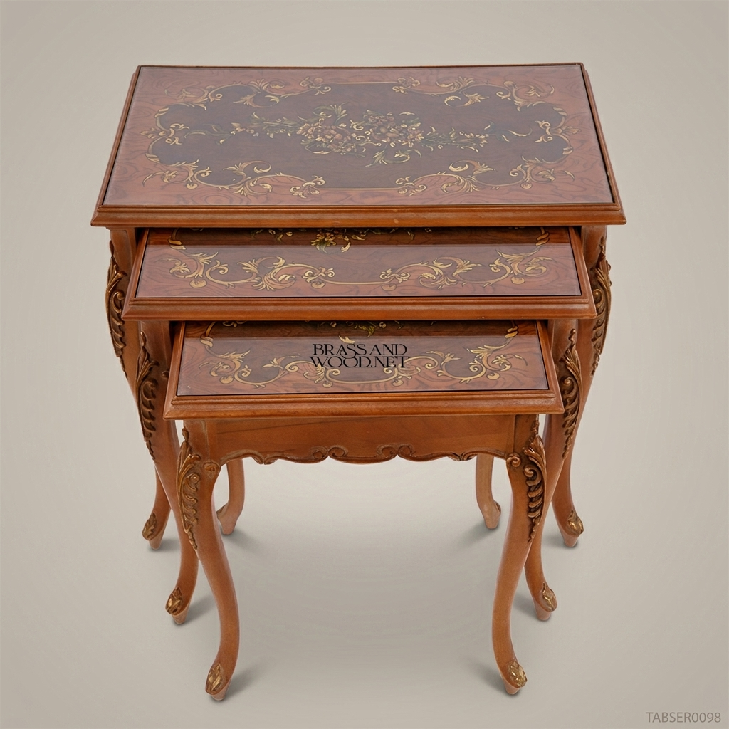 Louis XV Nesting Side Tables – Inlaid Marquetry & Carved Gold-Leaf Wood