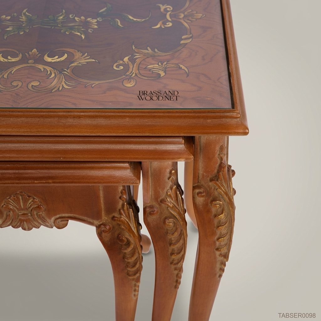 Louis XV Nesting Side Tables – Inlaid Marquetry & Carved Gold-Leaf Wood