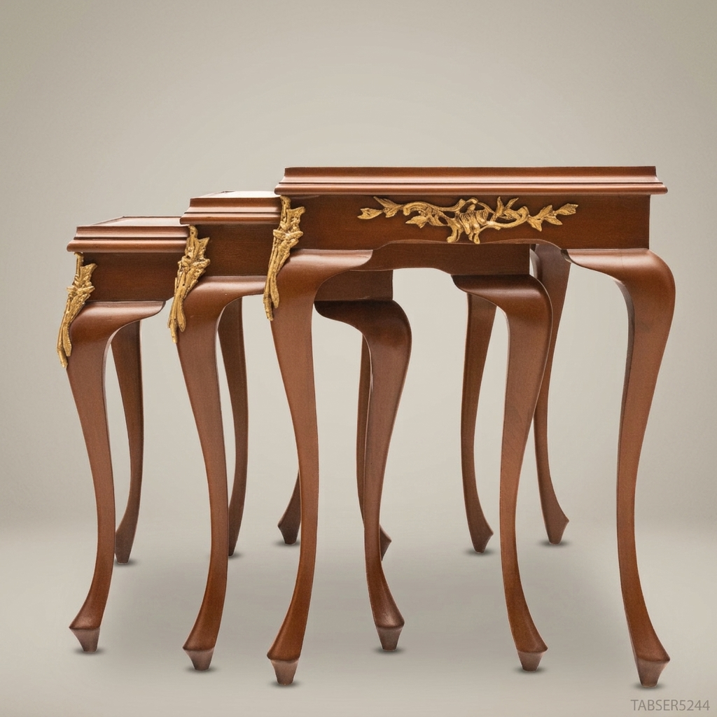 Louis XV Nesting Tables Set – Carved Walnut & Antique Brass Ornaments