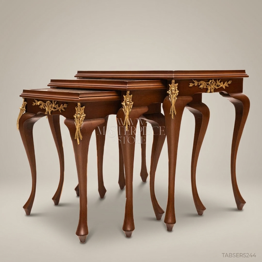 Louis XV Nesting Tables Set – Carved Walnut & Antique Brass Ornaments
