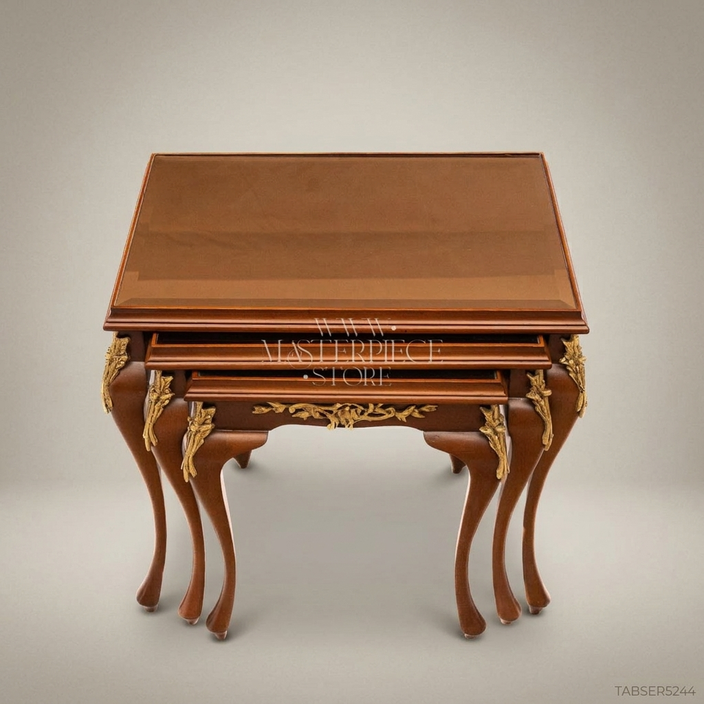 Louis XV Nesting Tables Set – Carved Walnut & Antique Brass Ornaments