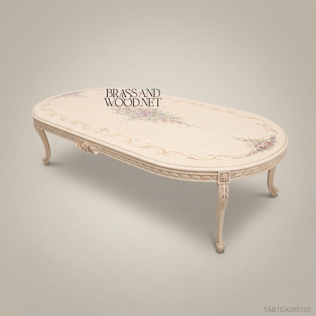 Louis XV Oval Coffee Table – Hand-Painted Ivory Lacquer