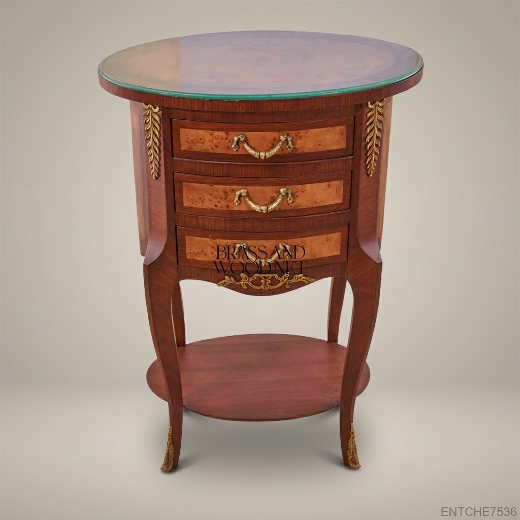 Louis XV Oval Nightstand – Solid Wood & Antique Brass with Glass Top