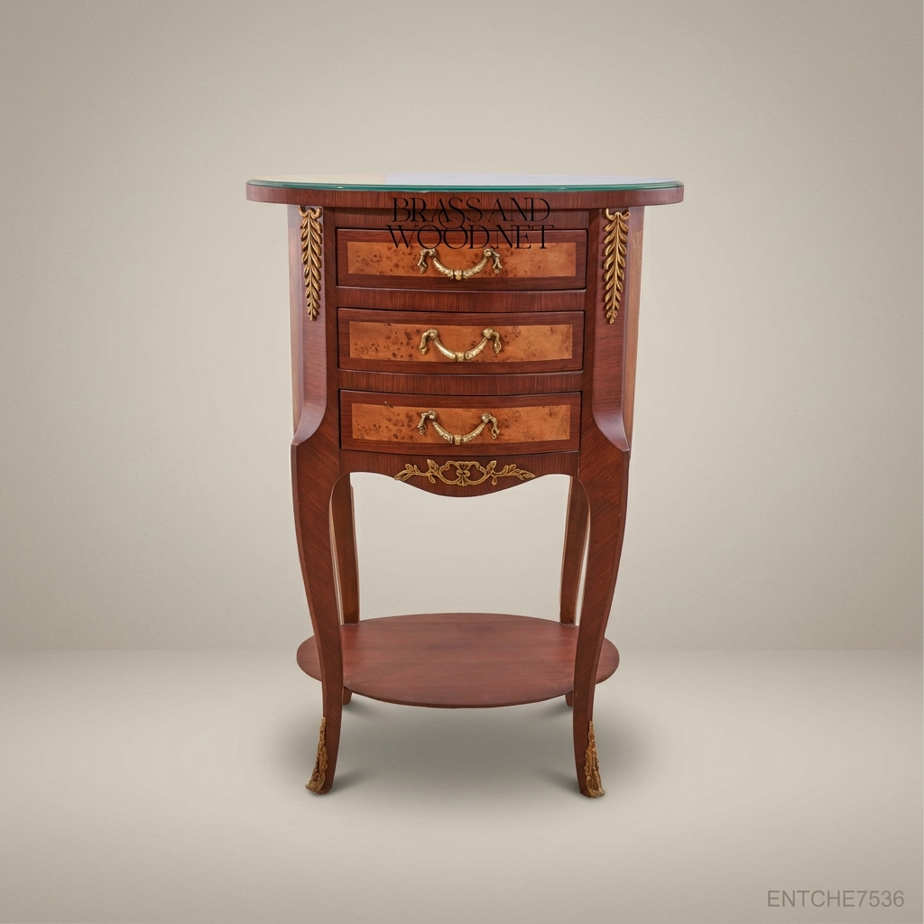Louis XV Oval Nightstand – Solid Wood & Antique Brass with Glass Top
