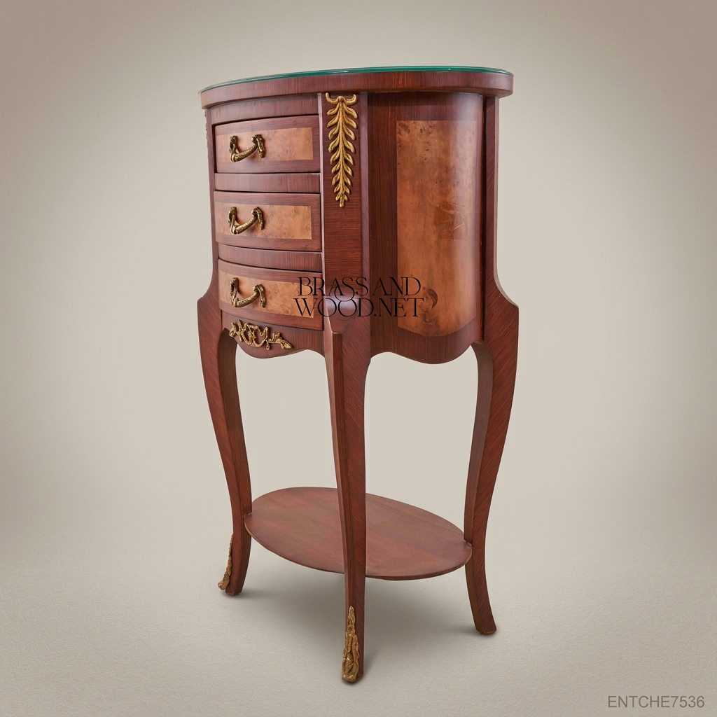 Louis XV Oval Nightstand – Solid Wood & Antique Brass with Glass Top