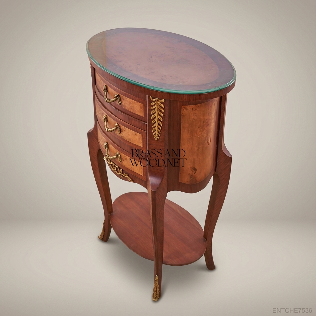 Louis XV Oval Nightstand – Solid Wood & Antique Brass with Glass Top