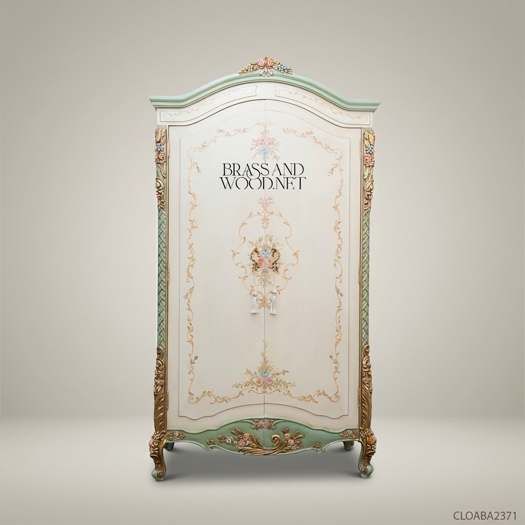 Louis XV Rococo Abaya Armoire – Hand-Painted Ivory & Sage with Gold Leaf