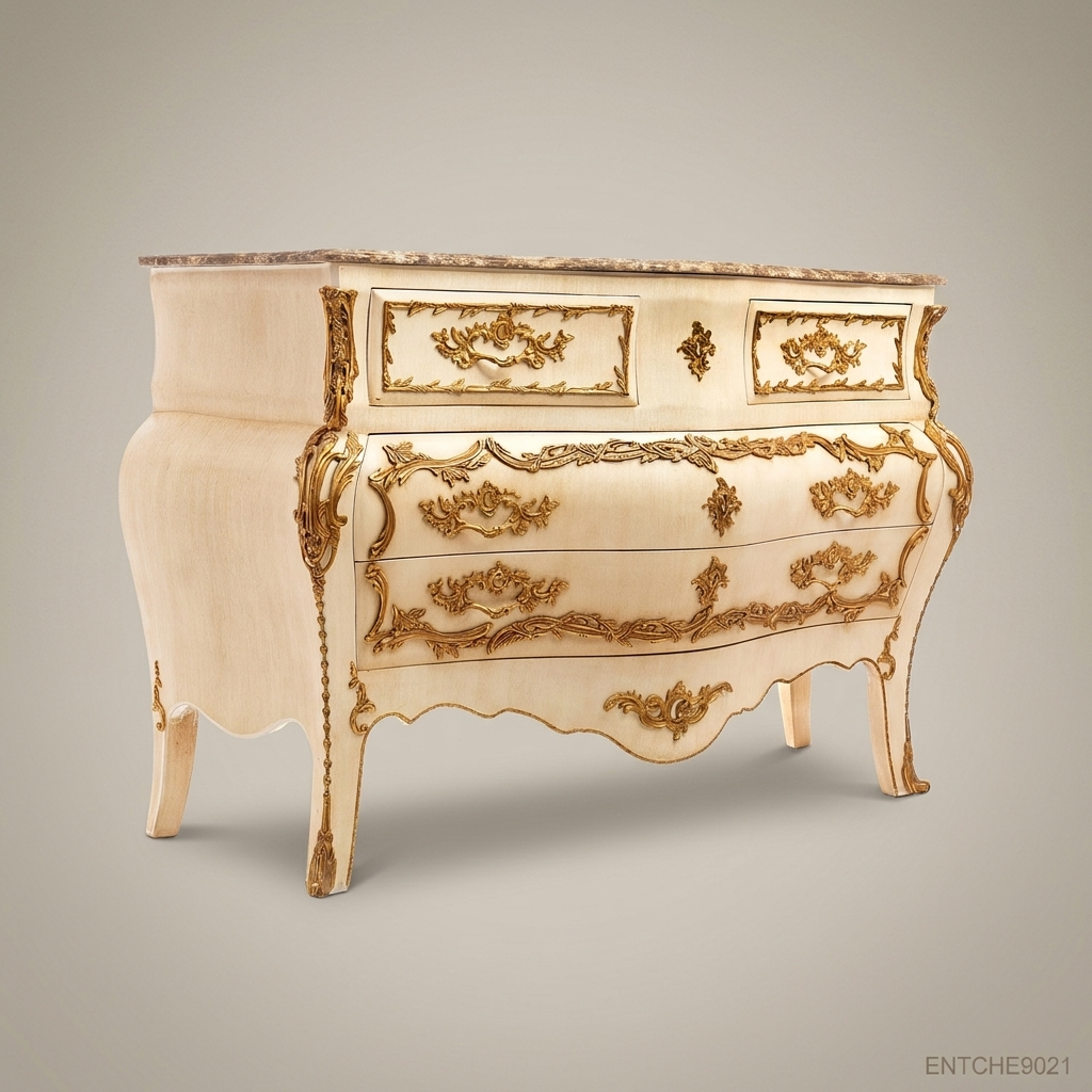 Louis XV Rococo Bombe Commode – Ivory Lacquer & Gold Leaf with Marble Top