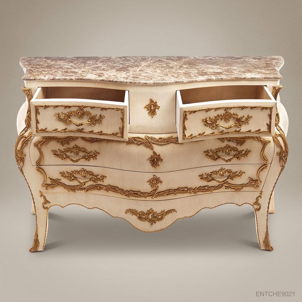 Louis XV Rococo Bombe Commode – Ivory Lacquer & Gold Leaf with Marble Top