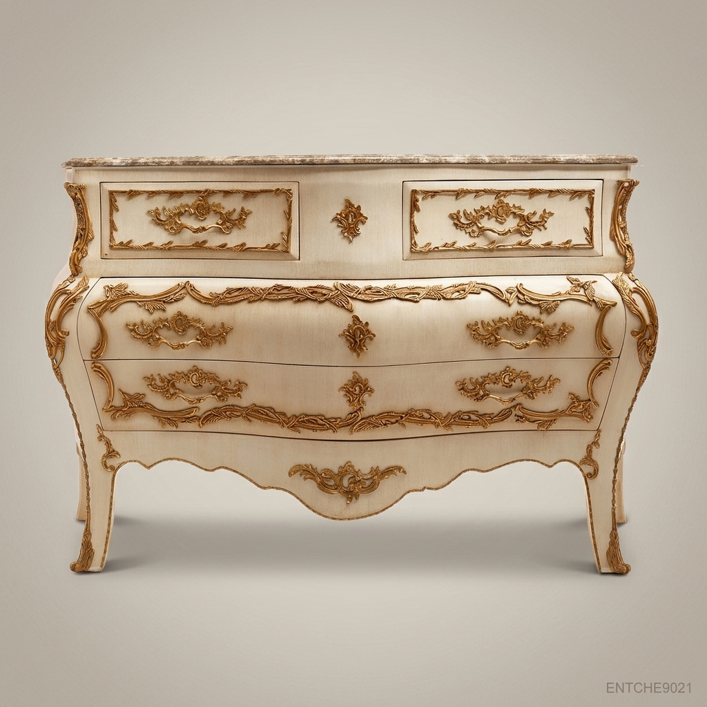Louis XV Rococo Bombe Commode – Ivory Lacquer & Gold Leaf with Marble Top