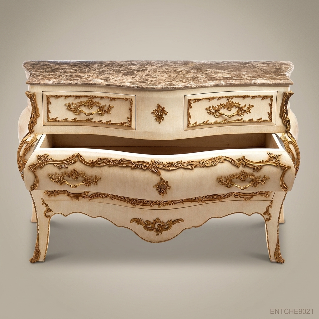 Louis XV Rococo Bombe Commode – Ivory Lacquer & Gold Leaf with Marble Top