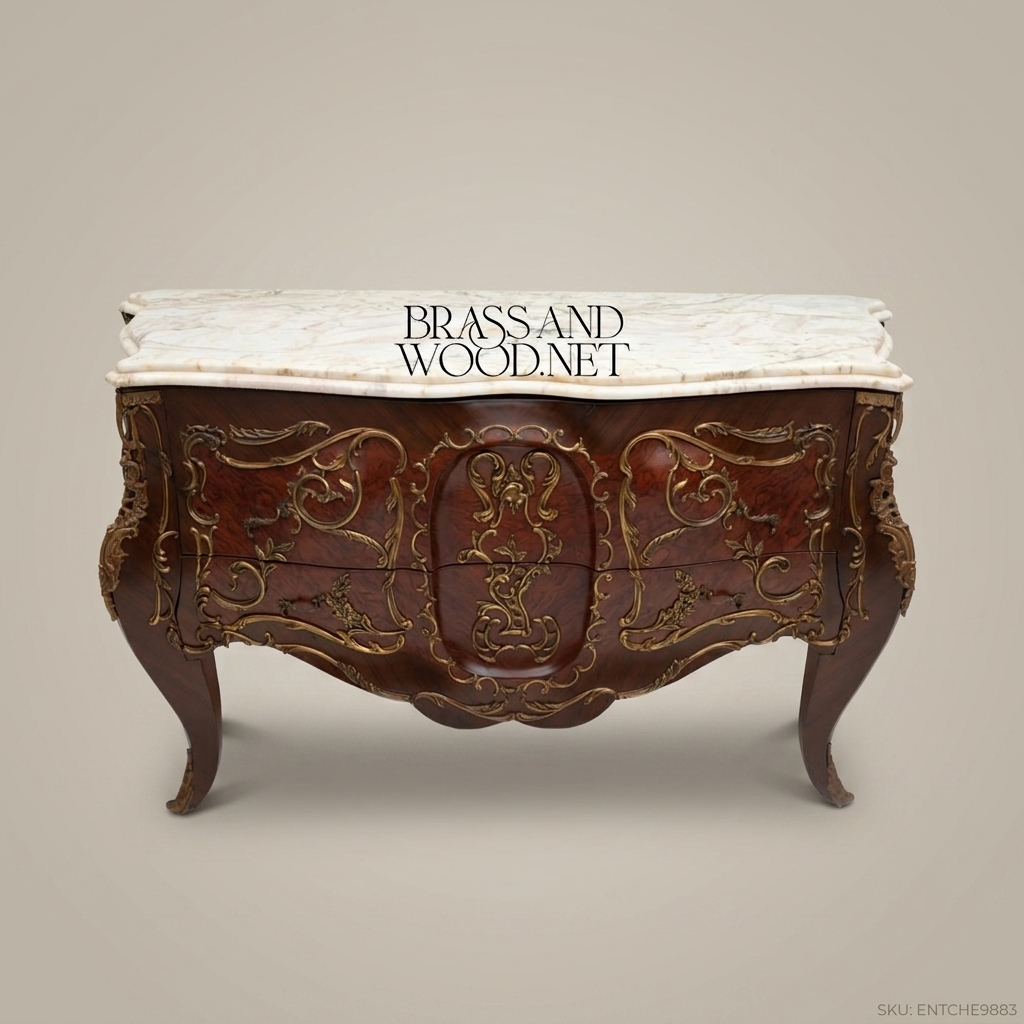 Louis XV Rococo Bombe Commode with Gilt Brass Ormolu & White Marble Top