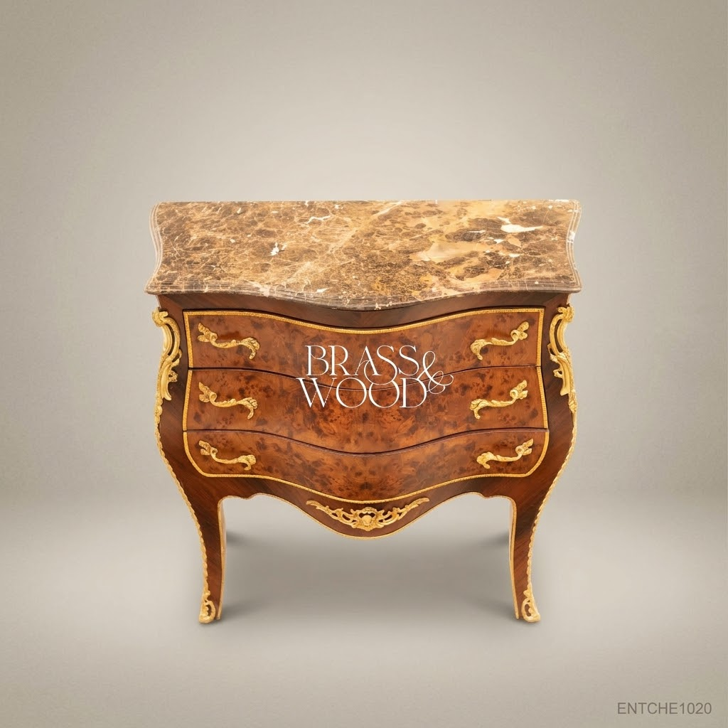 Louis XV Bombe Commode in Burr Walnut with Gilt Brass Mounts & Marble Top