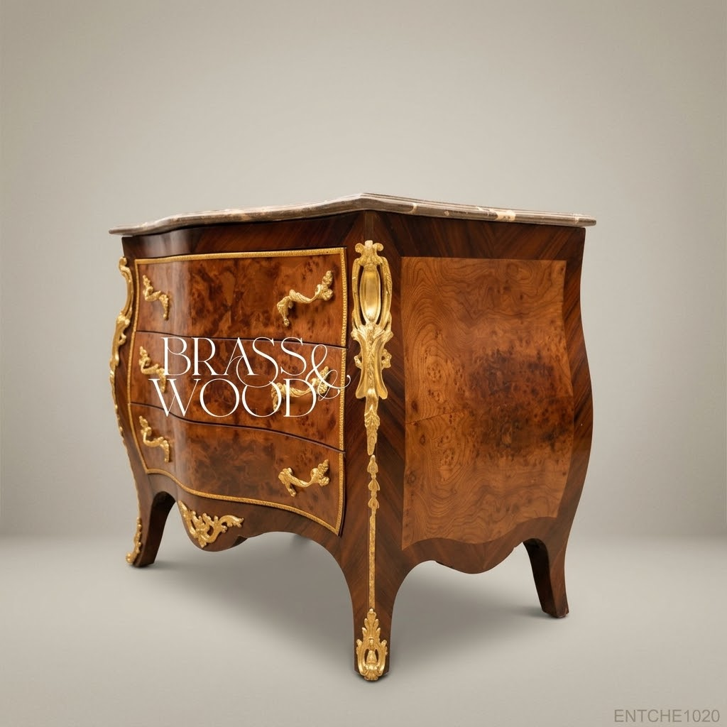 Louis XV Bombe Commode in Burr Walnut with Gilt Brass Mounts & Marble Top