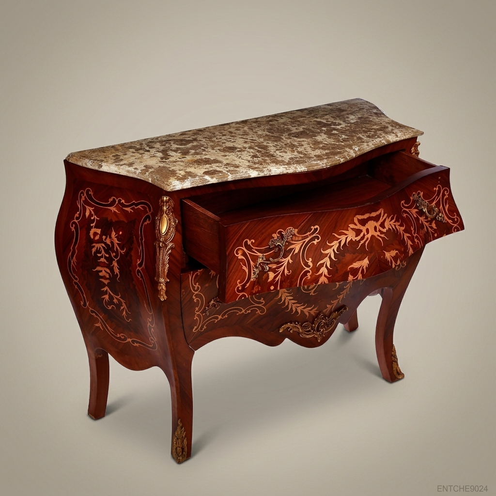 Louis XV Bombe Commode with Marquetry Inlay & Marble Top
