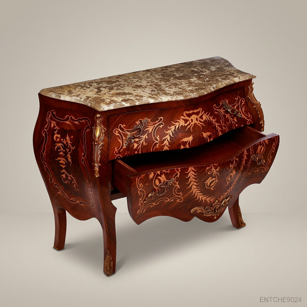 Louis XV Bombe Commode with Marquetry Inlay & Marble Top