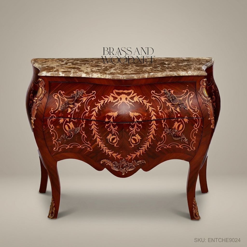 Louis XV Bombe Commode with Marquetry Inlay & Marble Top