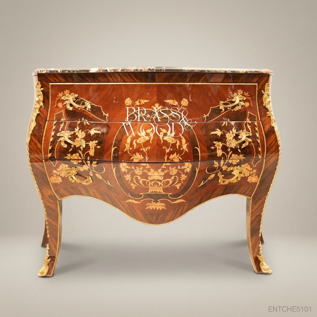 Louis XV Bombe Commode with Marquetry Inlay & Marble Top