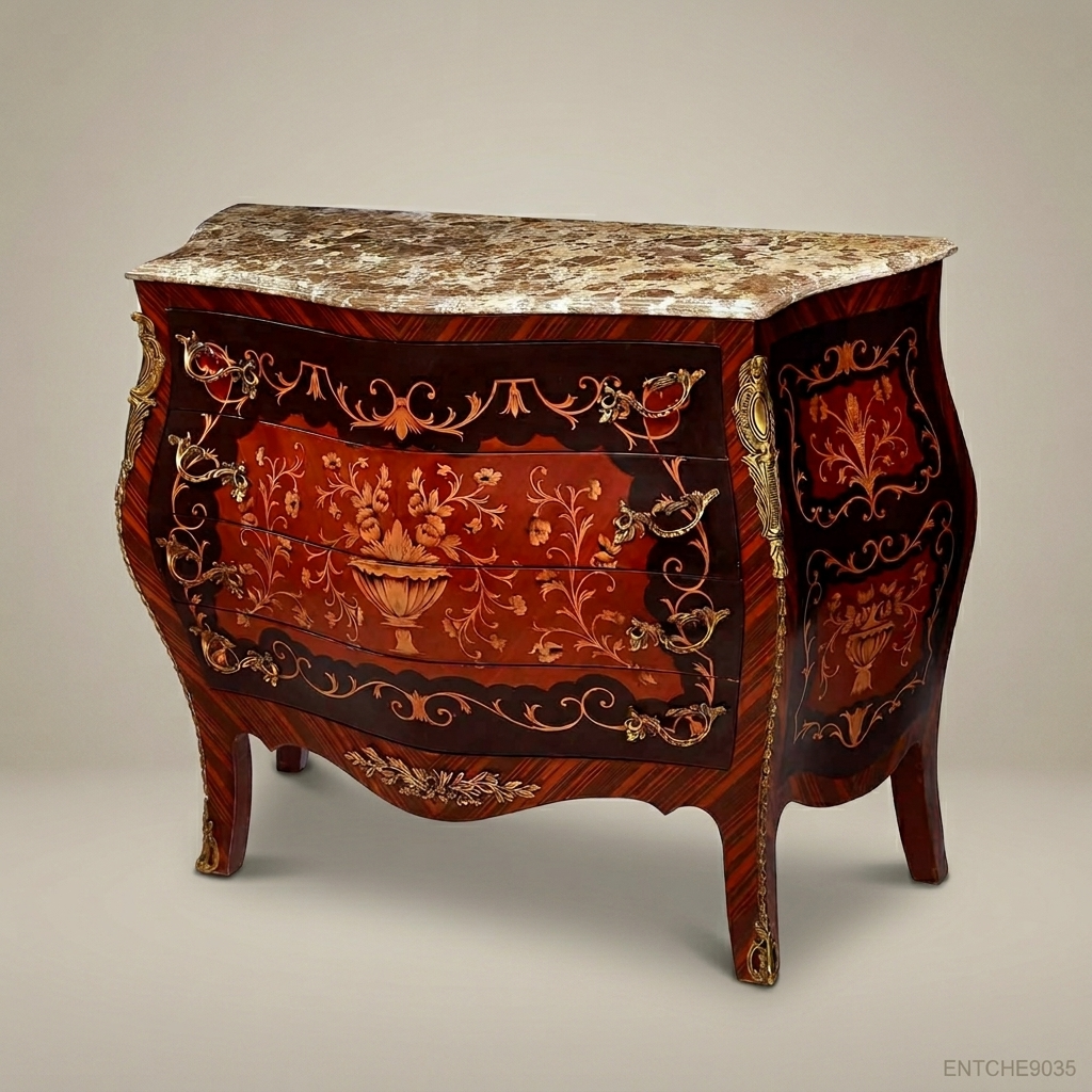 Louis XV Bombe Commode with Marquetry Inlay & Marble Top