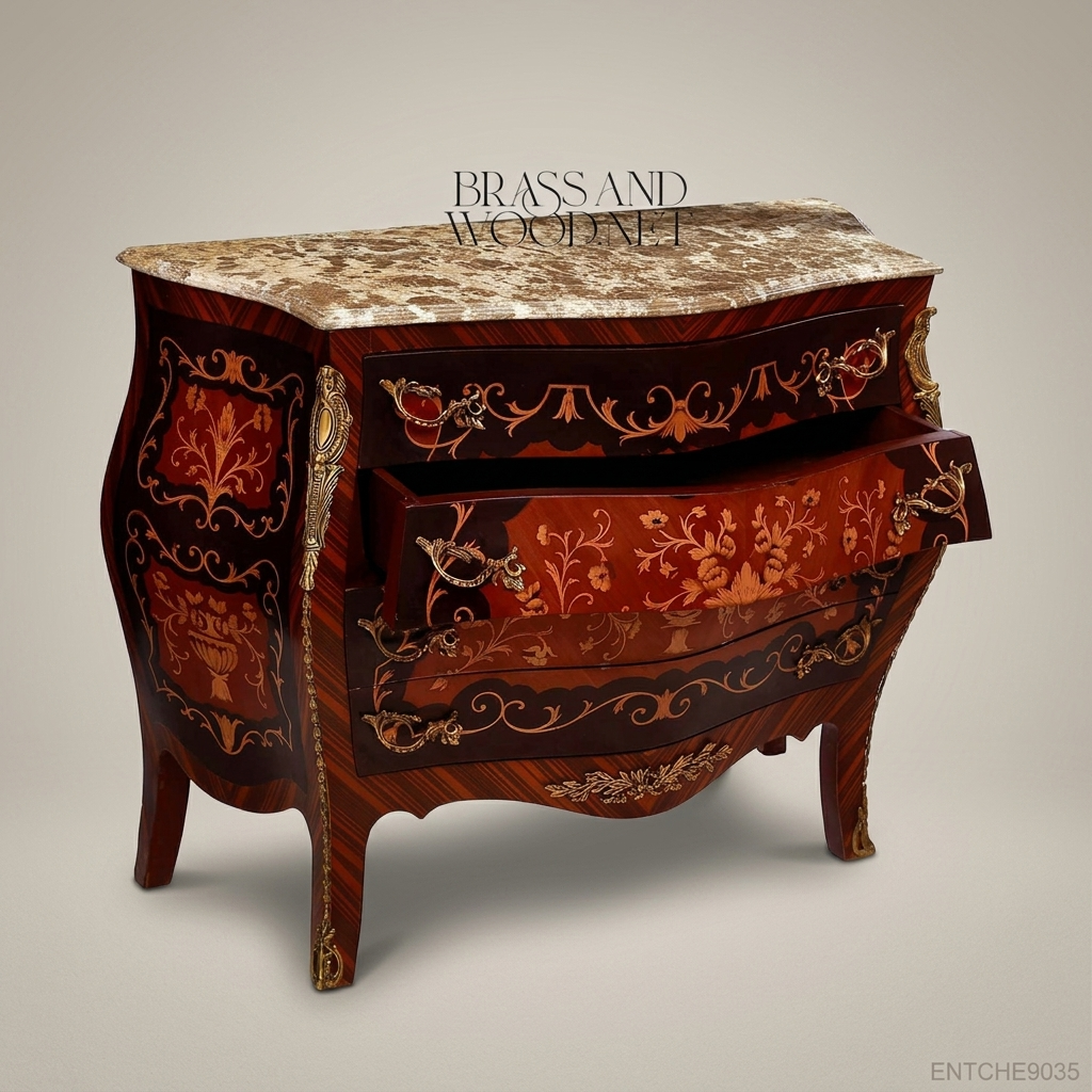 Louis XV Bombe Commode with Marquetry Inlay & Marble Top