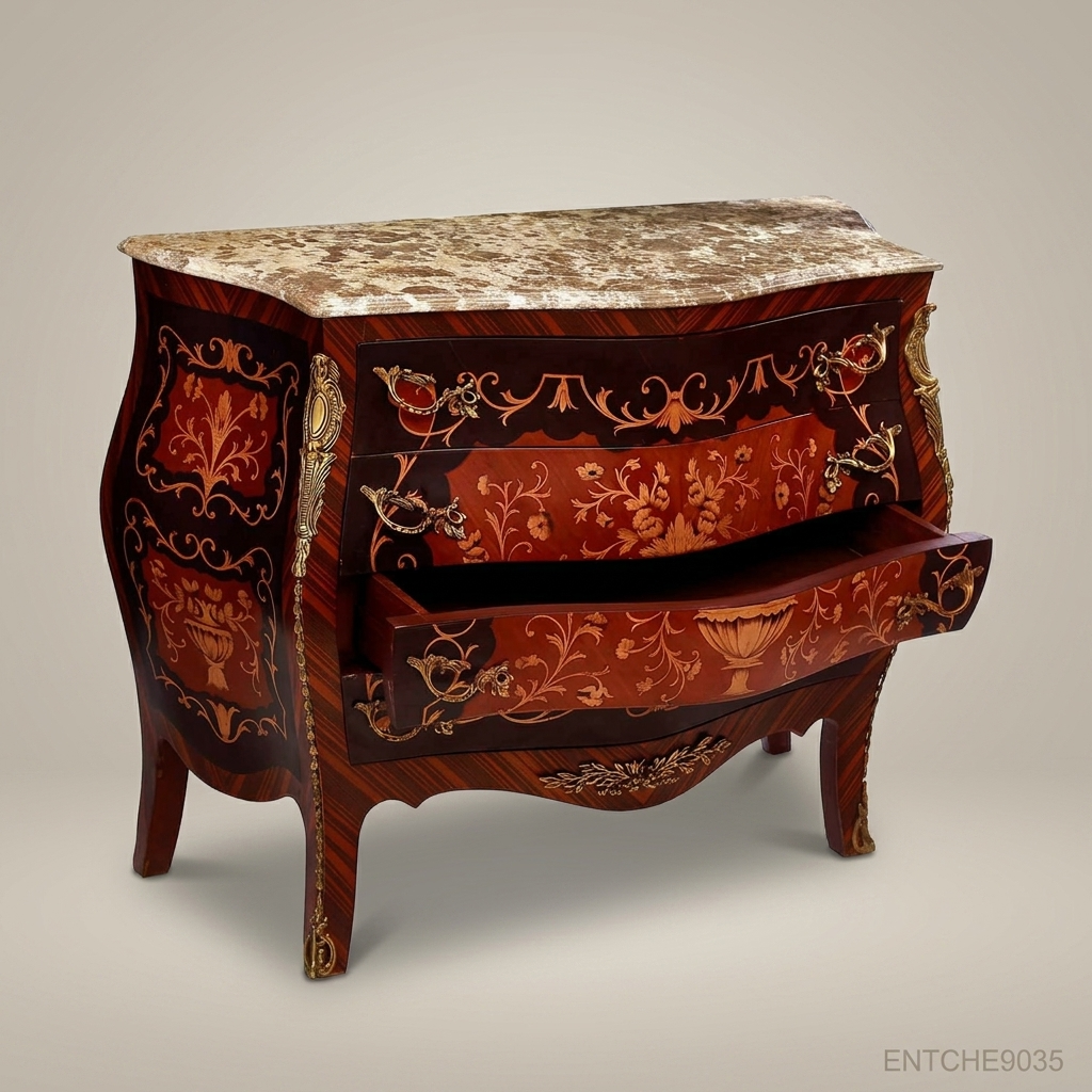 Louis XV Bombe Commode with Marquetry Inlay & Marble Top