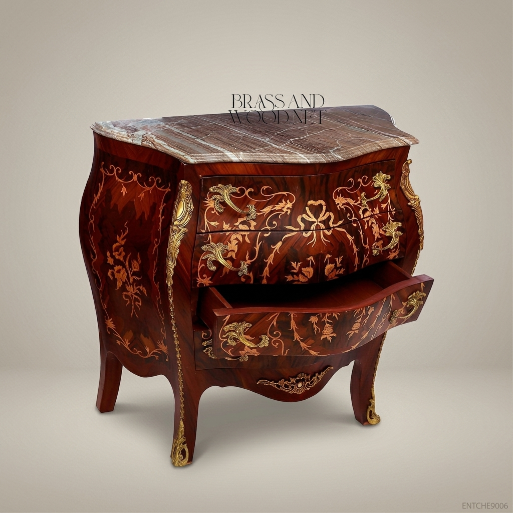 Louis XV Bombe Commode with Marquetry Inlay & Marble Top