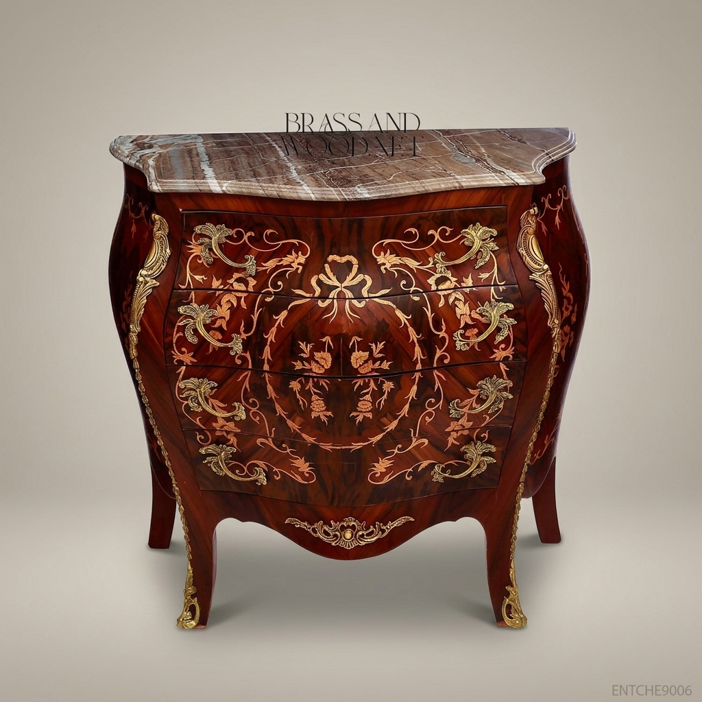 Louis XV Bombe Commode with Marquetry Inlay & Marble Top