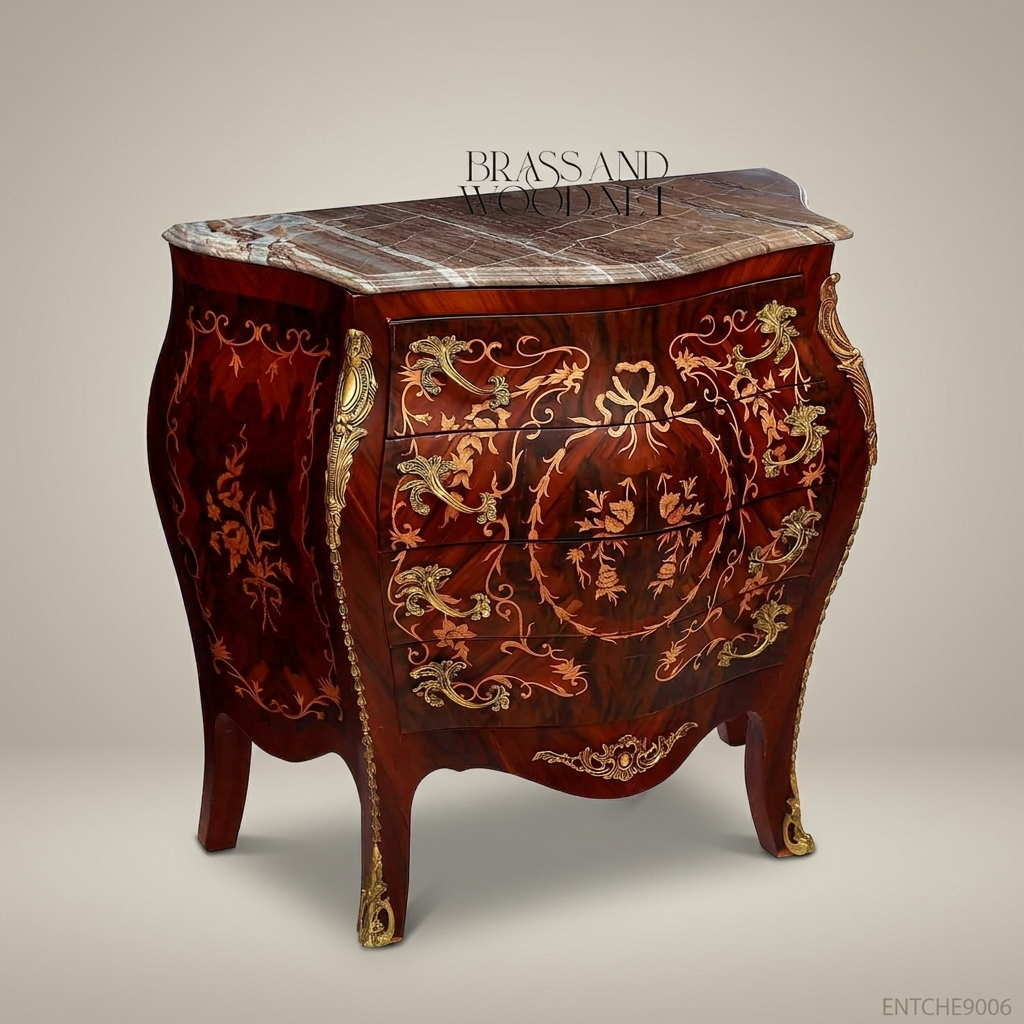 Louis XV Bombe Commode with Marquetry Inlay & Marble Top