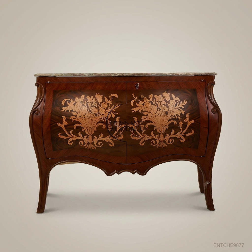 Louis XV Bombe Commode with Floral Marquetry & Marble Top