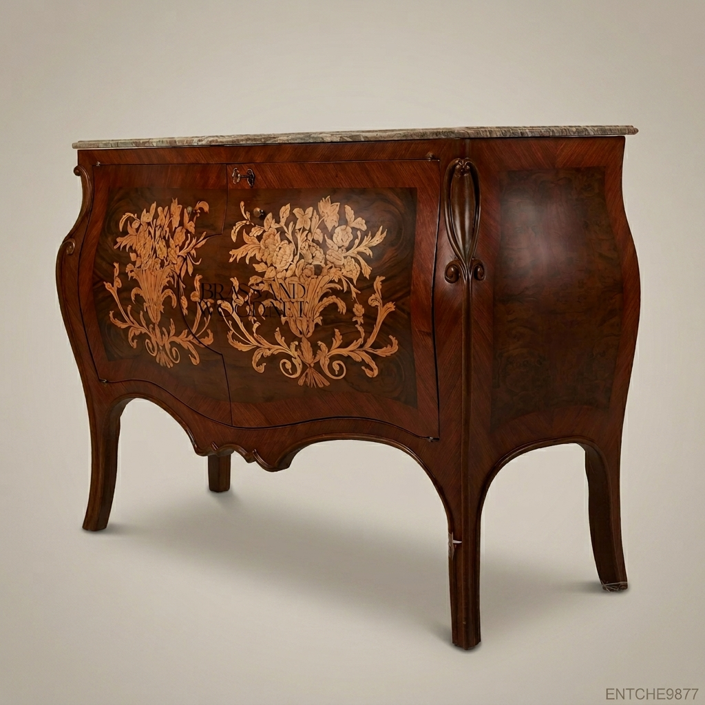 Louis XV Bombe Commode with Floral Marquetry & Marble Top
