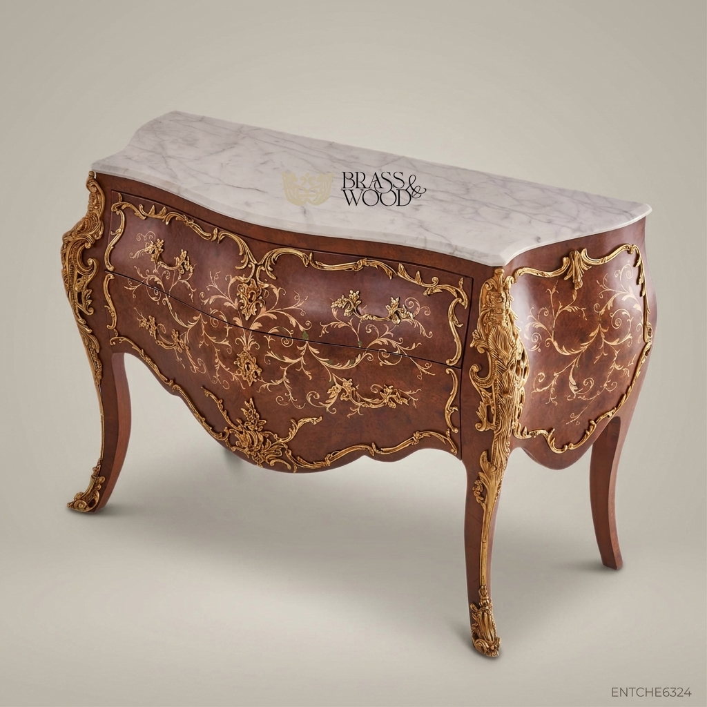 Louis XV Rococo Bombe Commode with Gilded Brass Mounts & Marble Top