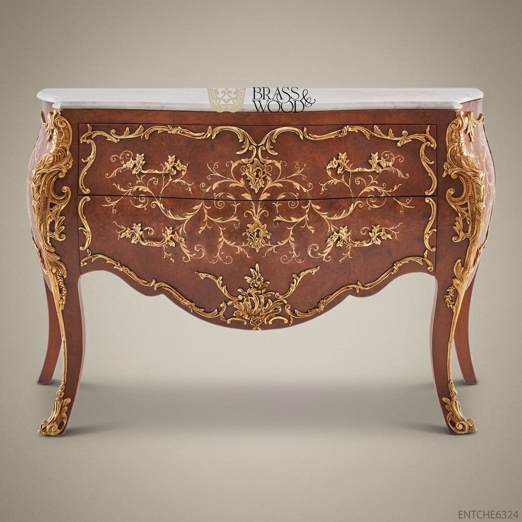 Louis XV Rococo Bombe Commode with Gilded Brass Mounts & Marble Top
