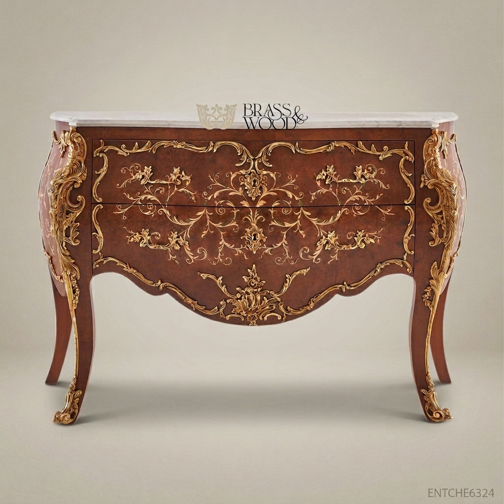 Louis XV Rococo Bombe Commode with Gilded Brass Mounts & Marble Top