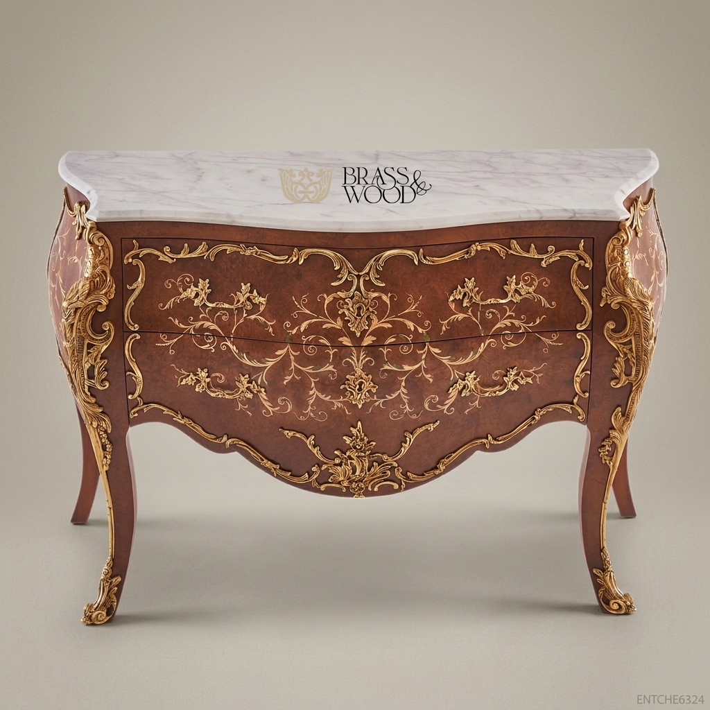 Louis XV Rococo Bombe Commode with Gilded Brass Mounts & Marble Top