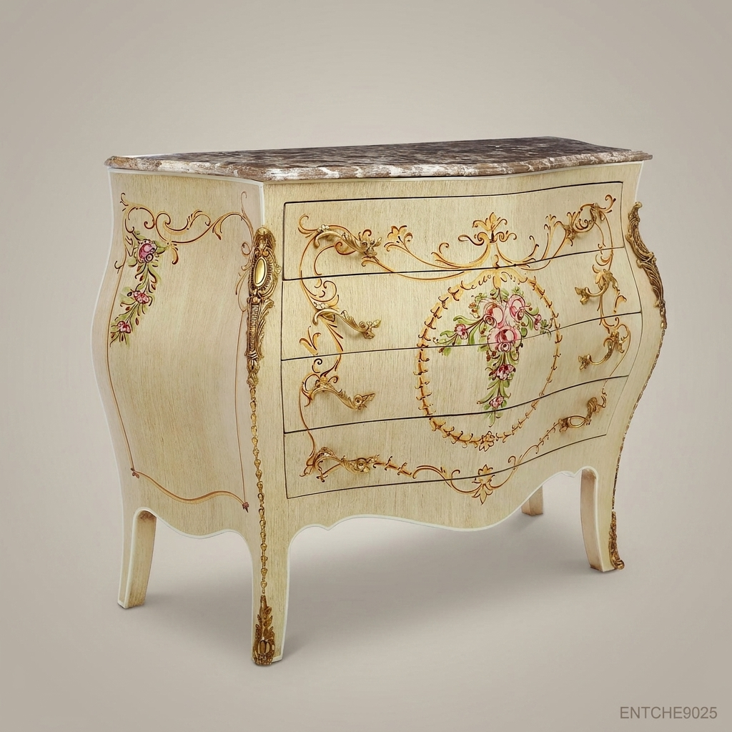 Louis XV Bombe Commode – Ivory Lacquer & Hand-Painted Floral Marquetry