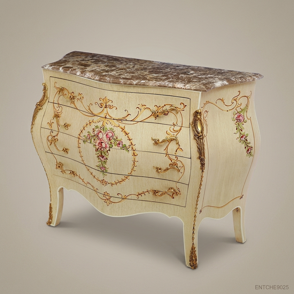 Louis XV Bombe Commode – Ivory Lacquer & Hand-Painted Floral Marquetry