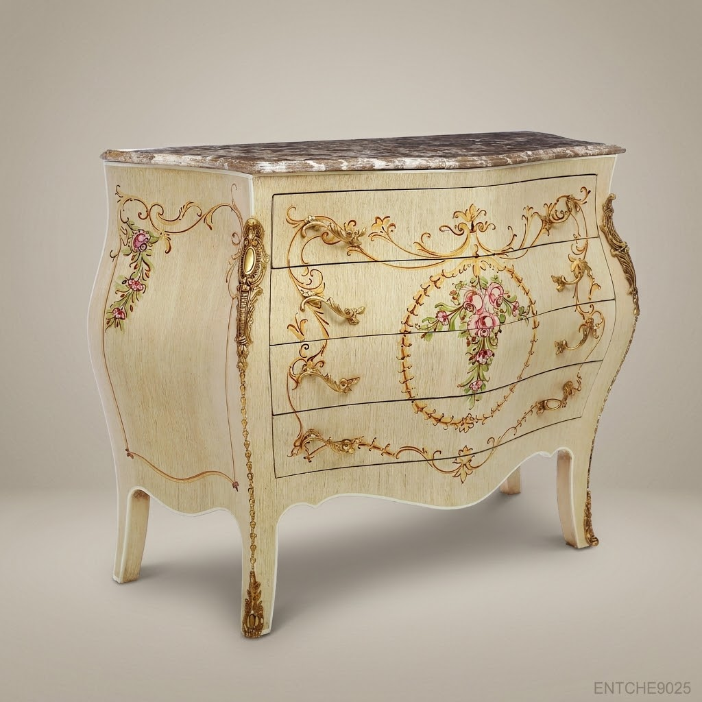 Louis XV Bombe Commode – Ivory Lacquer & Hand-Painted Floral Marquetry